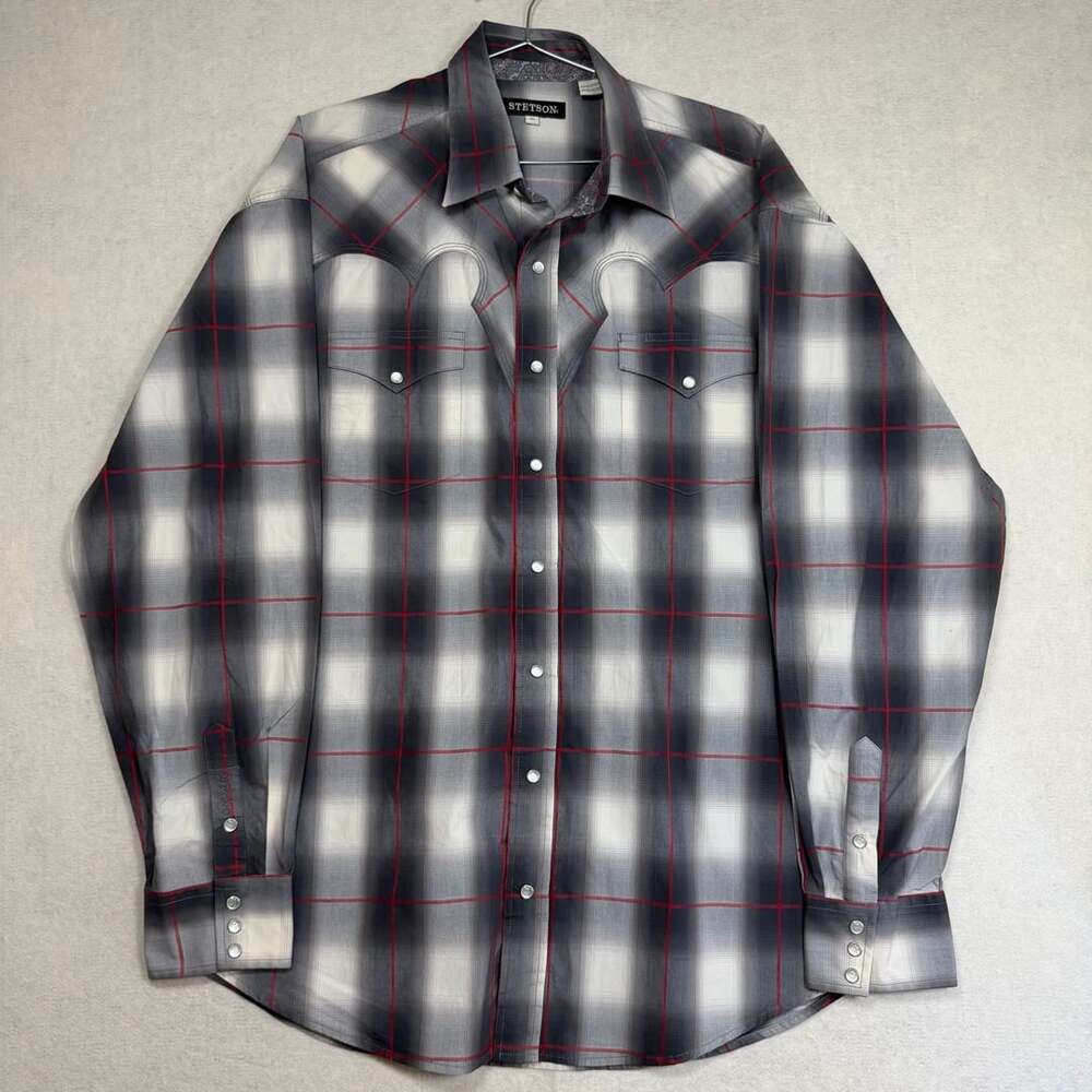 Stetson Shirt Mens XL Western Pearl Snap Long Sleeve Plaid Black Gray Red